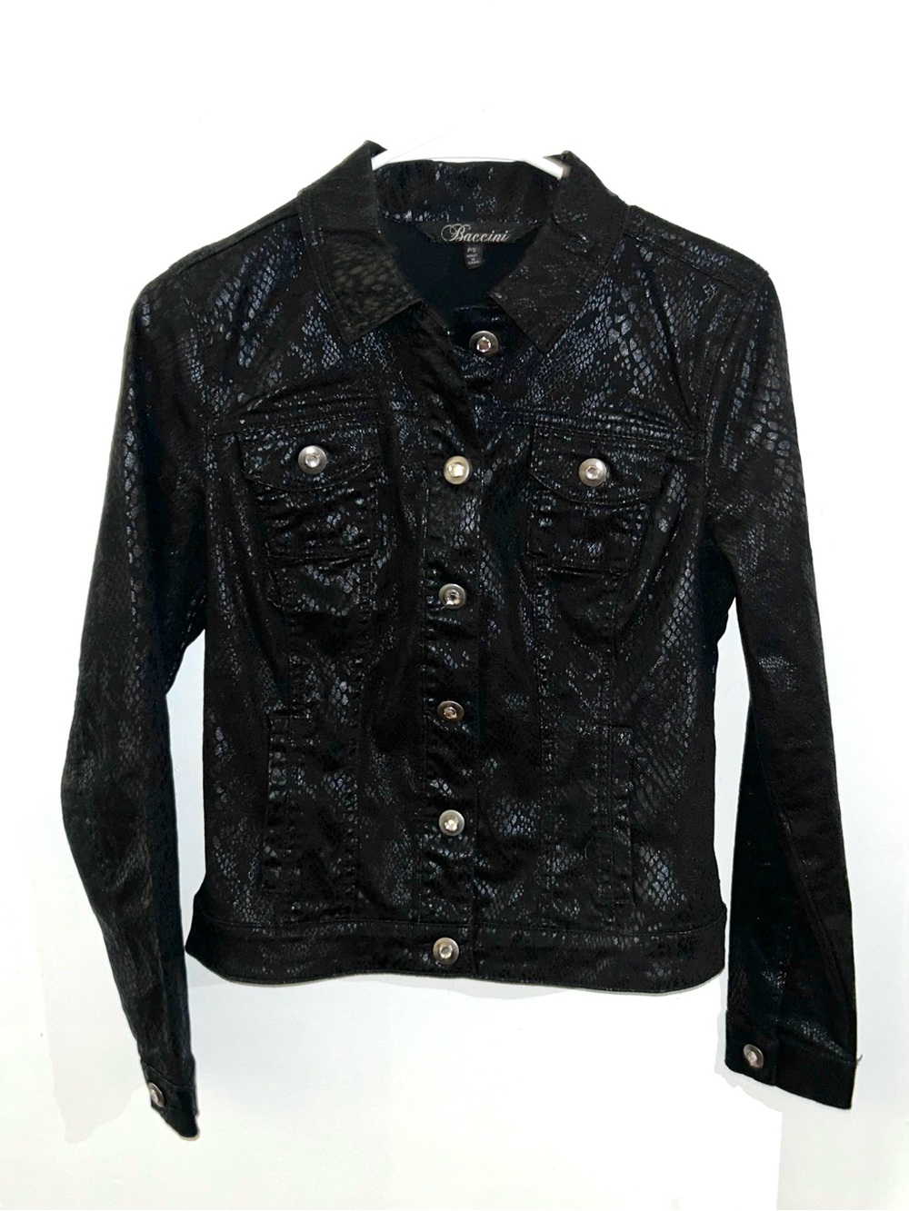 Baccini Snakeskin Black Vinyl Jacket with Rhinestone Buttons